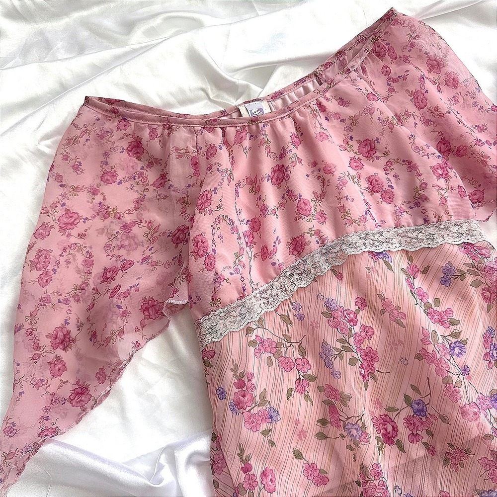 Vintage Pink Floral Mesh Flutter Sleeve Lace Trim Blouse Cottagecore Top